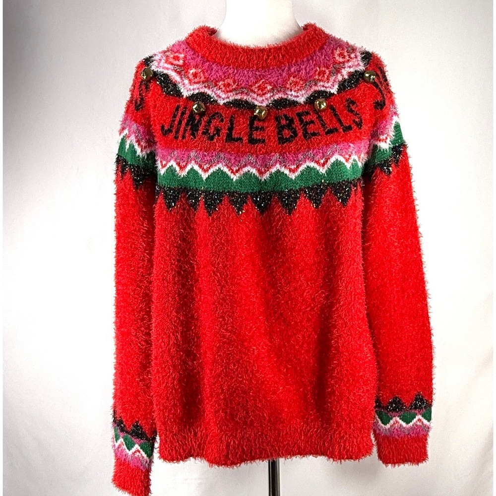 Holiday Time Red Jingle Bells Fuzzy Christmas Sweater Womens Size XXL 20 Holiday